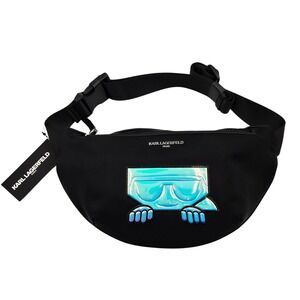 Karl Lagerfeld Paris Black Nylon K/Ikonik Krokodile Embossed Belt Bag Fanny Pack